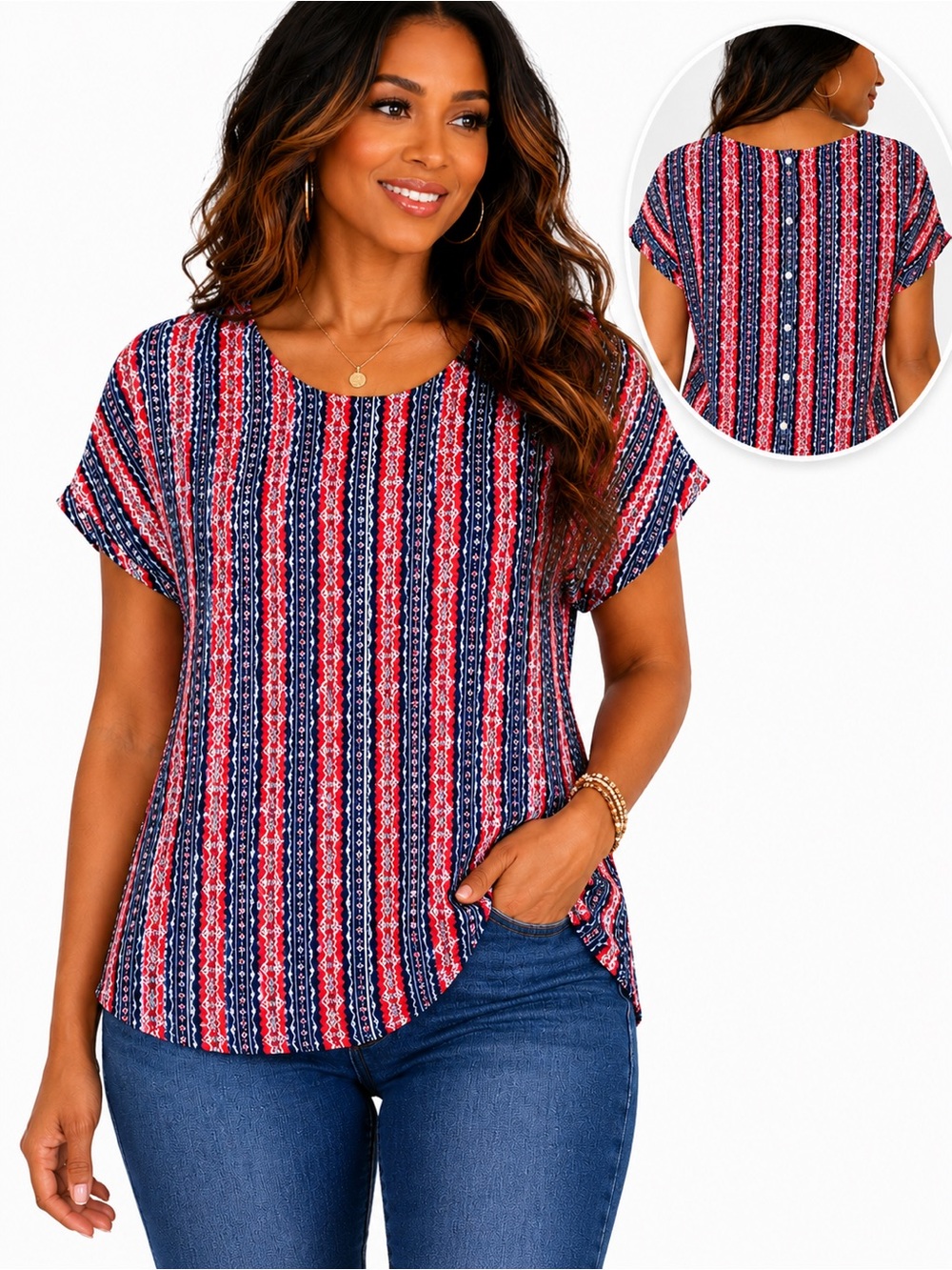 Wishful Park Red Navy Geometric Stripe Blouse Short Sleeve Medium